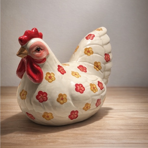 Floral Ceramic Hen Figurine - Red and Yellow Accents - Picture 1 of 8